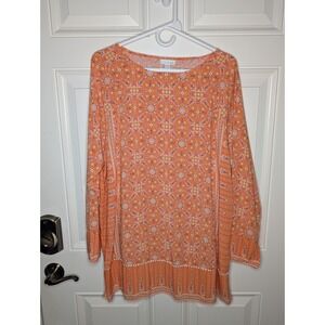 J Jill Women's XL Tunic Blouse Long Sleeve Orange Peach Pom Pom Border EUC